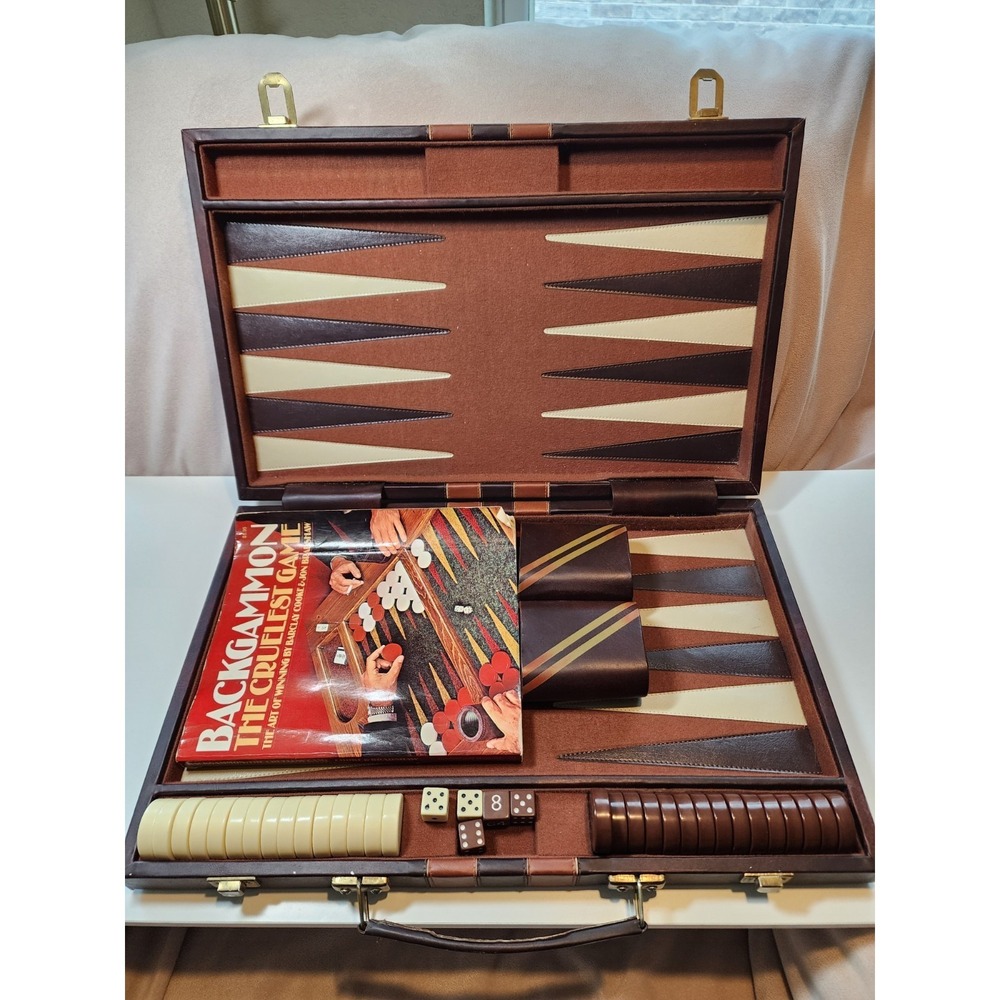 Backgammon Set Brown Faux Leather Striped Carry Case Complete with Book Vintage
